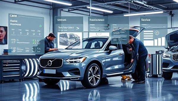 A dynamic visual of a car being serviced in a modern garage, with technicians using advanced tools and technology, surrounded by a digital interface showing the car