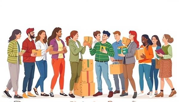 An engaging illustration showing a diverse group of people exchanging various packages and items, symbolizing a collaborative and efficient cargo sharing community, with a focus on sustainability and cost-effectiveness.