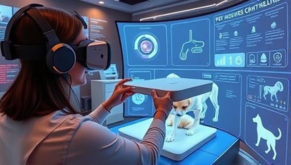 An immersive VR headset display featuring a pet rehabilitation therapist engaging in a virtual therapy session with a virtual pet, demonstrating therapeutic exercises and interactions, surrounded by digital pet health data and simulations, illustrating the innovative and practical nature of the VR training programs.