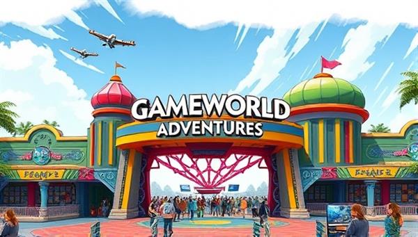 An artistic rendering of the GameWorld Adventures theme park entrance, featuring colorful and futuristic architecture, gaming-themed decorations, and a bustling crowd of visitors, capturing the spirit of adventure and excitement awaiting guests at the gaming theme park.