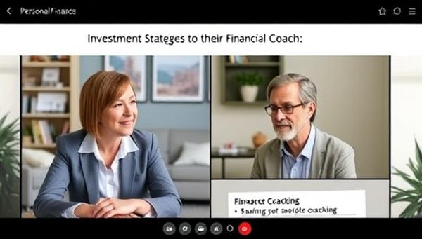 A virtual personal finance coaching session featuring a financial coach discussing investment strategies, savings goals, and retirement planning with a client through a video call, showcasing a professional and supportive financial advisory environment.