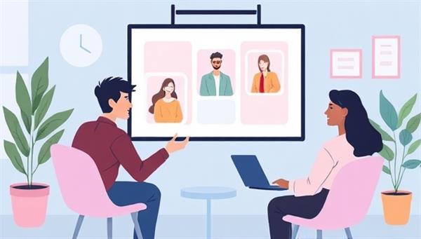An illustration of a virtual meet & greet session with a celebrity on a video call, surrounded by excited fans holding up personalized messages and memorabilia, capturing the essence of exclusive virtual interactions with idols.