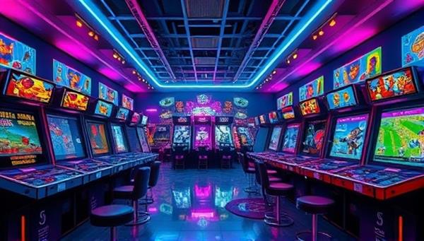 An eye-catching digital illustration of a virtual gaming arcade with rows of arcade machines and neon lights, showcasing a diverse selection of game genres and characters, inviting viewers to step into a world of limitless gaming possibilities.