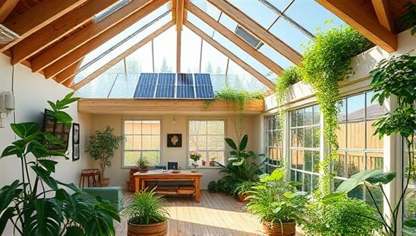 An eco-friendly smart home interior with solar panels on the roof, smart devices controlling energy usage, and a lush indoor garden, illustrating the seamless integration of sustainability and technology in the GreenHive automation system.