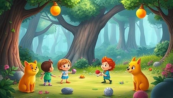 An animated scene of colorful characters from different storylines interacting with each other in a magical forest setting, highlighting the app