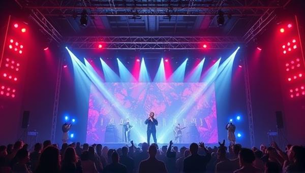 An artistic representation of a virtual concert stage with a captivating light show, musicians performing energetically, and a digital audience interacting through chat and virtual applause, creating a lively and immersive concert experience.