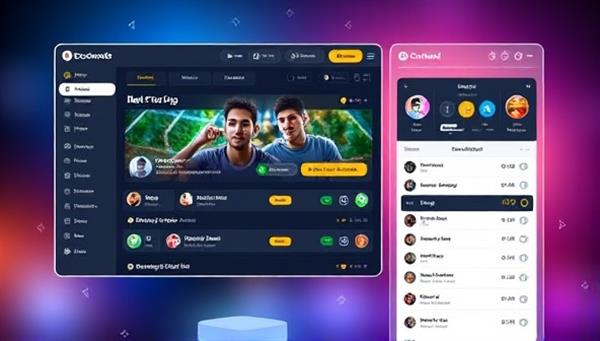 A vibrant visual depiction of a social betting community platform interface showcasing user profiles, betting tips feeds, live discussions, and a leaderboard of top contributors, illustrating the dynamic and interactive nature of BetConnect Hub.