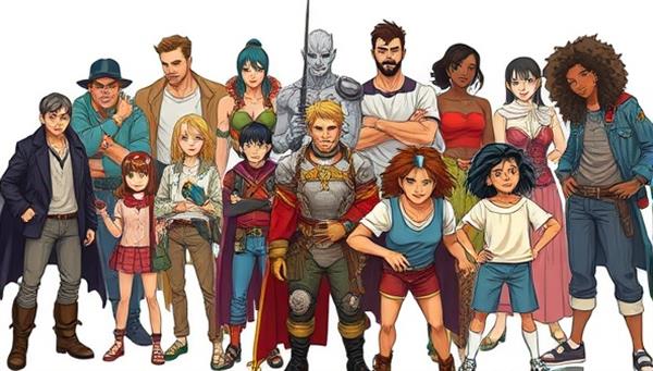 An artistic rendering of diverse fictional characters in various settings and poses, showcasing the versatility and creativity of character ghostwriting services, with each character embodying a unique personality and visual appeal.