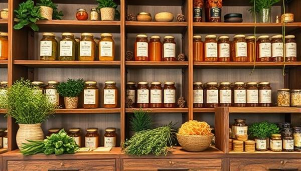 An elegant and rustic boutique setting with shelves displaying beautifully packaged infused honey jars, accompanied by fresh herbs, spices, and honeycombs, evoking a sense of artisanal craftsmanship and natural elegance in a gourmet food space.