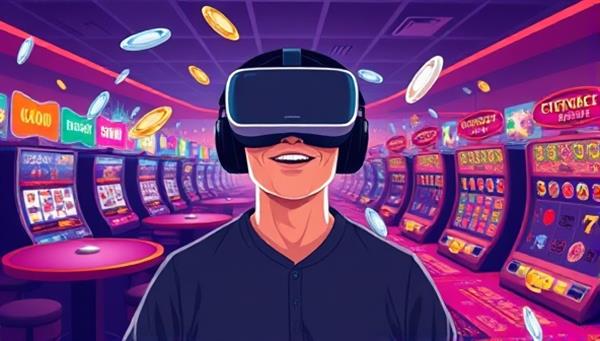 An illustration of a person wearing a VR headset, surrounded by virtual casino tables and slot machines, with digital chips floating in the air, capturing the excitement and futuristic aspect of the VR Casino Quest.