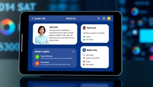 An AI-powered virtual assistant providing career advice to a user on a digital device, displaying personalized job recommendations, skill development opportunities, and market insights, illustrating the innovative and data-driven approach of CareerNaviAI.