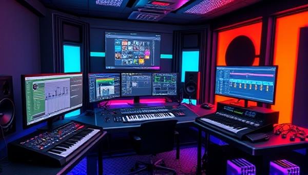 A vibrant and futuristic digital music production studio setup, featuring a creative workspace with multiple screens displaying music production software interfaces, MIDI controllers, and musical instruments, evoking a dynamic and innovative music production environment.