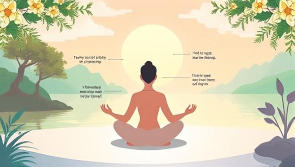 A serene digital illustration of a person meditating peacefully in a virtual environment, surrounded by calming nature scenes and positive affirmations, conveying relaxation and inner peace.