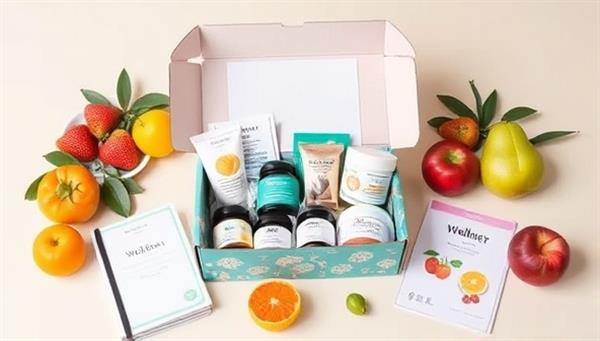 An aesthetically pleasing image of a neatly organized HealthBox Rx kit, featuring various health products neatly arranged in a colorful box, surrounded by fresh fruits and a wellness journal, conveying a sense of health and vitality.