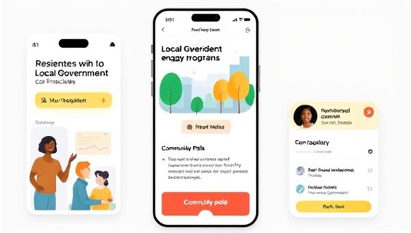 An interactive app interface showcasing residents engaging with local government programs, submitting feedback, and participating in community polls, emphasizing inclusivity and empowerment.
