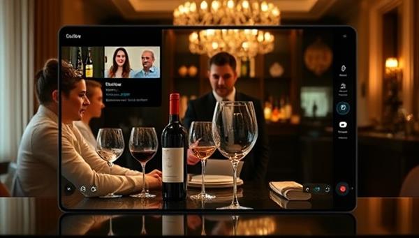 An elegant virtual wine tasting setup with a professional sommelier guiding a group of participants through a tasting session, showcasing a selection of premium wines, tasting notes, and interactive discussions on a sophisticated digital platform, evoking a refined and educational wine experience.