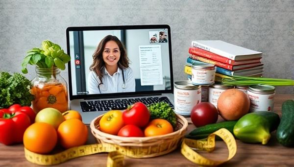 An image of a virtual nutrition coaching session, with a nutritionist discussing a customized meal plan with a client via video call, surrounded by fresh fruits and vegetables, recipe books, and a measuring tape, illustrating the focus on healthy eating and wellness through NutriBoost.