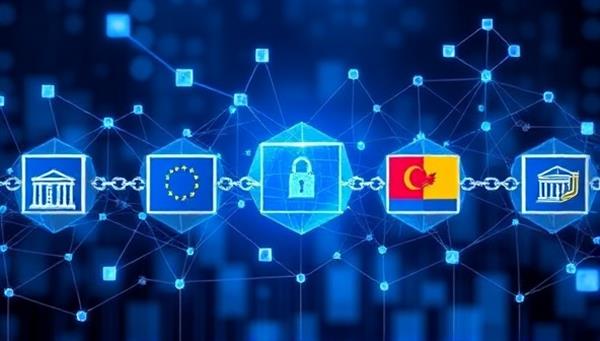 An intricate blockchain network visualization representing secure data blocks connected in a transparent chain, with government logos intertwined, symbolizing trust, accountability, and transparency in governance through blockchain technology.