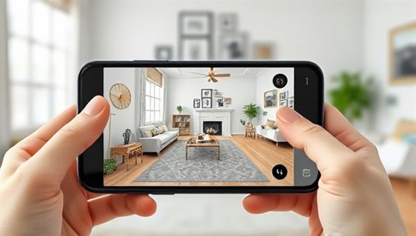 An image of a smartphone displaying the AR interior design app in action, superimposing virtual furniture and decor elements into a real room setting, showcasing the app