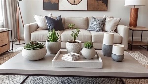 A contemporary living room vignette featuring a selection of bespoke concrete decor pieces, including planters, trays, and candle holders, arranged on a sleek coffee table against a backdrop of minimalist furniture and urban accents, highlighting the modern and industrial appeal of the products.