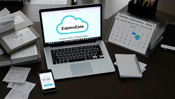An office desk setup with a laptop displaying the ExpenseEase Cloud platform interface, surrounded by digital receipts, a smartphone scanning receipts, and a calendar with expense deadlines, illustrating efficient expense management and organization in a digital environment.