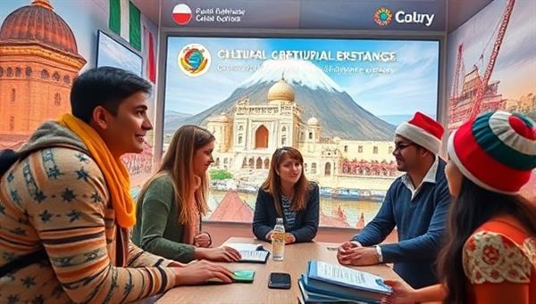 An immersive visual representation of a virtual cultural exchange, featuring participants from different countries interacting in a virtual environment, exploring cultural landmarks and traditions, with vibrant visuals and detailed settings capturing the essence of diverse cultures and fostering cross-cultural connections.