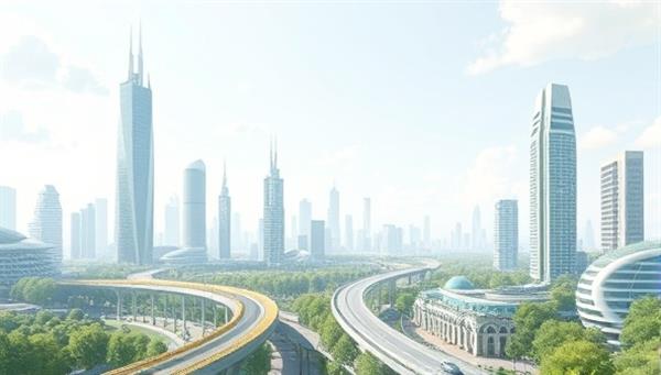 A digital illustration of a futuristic cityscape with green spaces, efficient transportation systems, and sustainable buildings, symbolizing the vision of innovative urban planning and design discussed in the workshops.