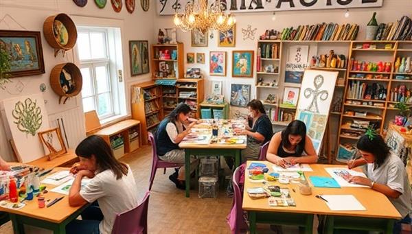 A cozy craft studio filled with colorful paints, brushes, and various craft supplies, with participants joyfully creating handmade artworks at communal tables, surrounded by inspirational decor and finished craft pieces on display, fostering a warm and artistic ambiance.