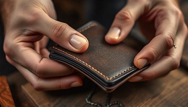 A close-up shot of skilled hands crafting a leather wallet, showcasing the intricate stitching and detailing involved in the artisanal process, evoking a sense of craftsmanship and luxury.