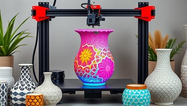 A colorful 3D printer in action, creating a beautifully designed vase with intricate patterns, surrounded by various home decor items to showcase the customization and creativity of the business.