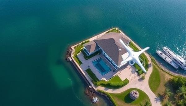 An aerial shot of a luxurious waterfront property captured by a drone, showcasing the property