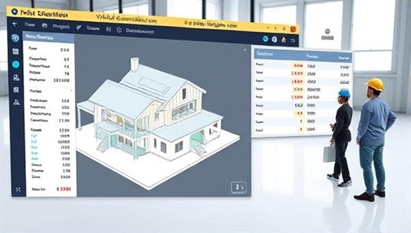 An innovative estimation software interface displaying a 3D project model with cost breakdowns, material quantities, and labor estimates, alongside a team of estimation professionals virtually collaborating on finalizing the project budget, showcasing accuracy and precision in virtual construction estimations.