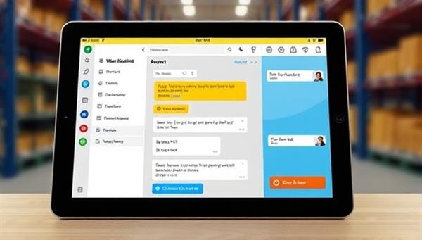 An interactive virtual assistant interface displayed on a tablet device, featuring a chatbot providing support for warehouse tasks, inventory queries, and order processing, demonstrating the user-friendly and efficient nature of WareAssist in enhancing warehouse operations.