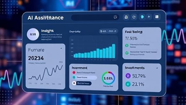 A sleek AI assistant interface mockup displaying personalized financial insights, budget recommendations, and investment suggestions, set against a futuristic digital backdrop, symbolizing convenience and efficiency in personal finance management.