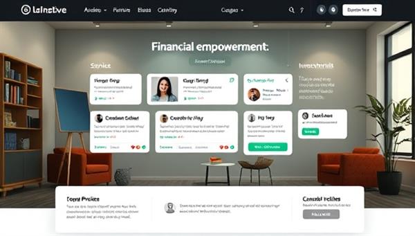 An online financial empowerment marketplace interface displaying a variety of services, expert profiles, and user testimonials, with a virtual meeting room ambiance, financial empowerment quotes, and icons representing coaching, investments, and planning, promoting a sense of trust and expertise.