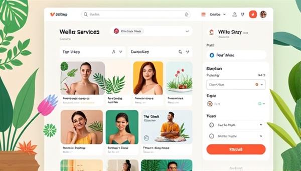 An inviting virtual marketplace interface featuring colorful wellness service listings, profiles of wellness experts, and a seamless booking system, creating a vibrant and inclusive hub for holistic health and wellness.