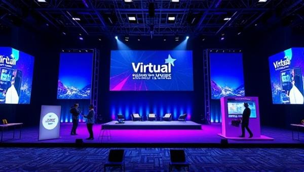 A virtual event setup with a digital stage, interactive booths, and networking lounges, showcasing a dynamic and immersive online event experience complete with engaging content and networking opportunities, symbolizing the innovation and versatility of virtual event planning and management consultancy.
