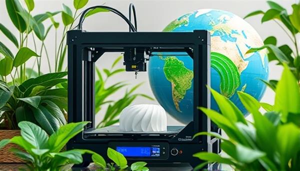 A 3D printer at work producing a biodegradable product, surrounded by lush green plants and a globe in the background, symbolizing sustainability and innovation.