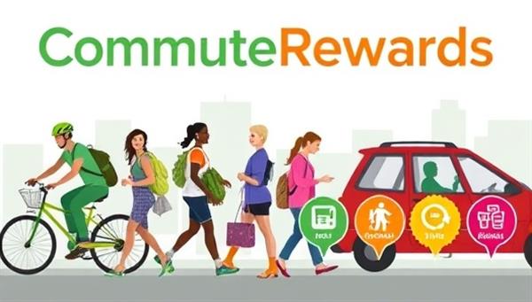 A visually appealing graphic featuring a diverse group of commuters engaging in various eco-friendly transportation modes such as biking, walking, and carpooling, with vibrant reward icons symbolizing the benefits of participating in the CommuteRewards program.