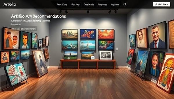 An immersive online art gallery scene showcasing a collection of digital artworks from various artists, with AI-generated recommendations, interactive viewing options, and a secure transaction interface, highlighting the innovative and personalized art discovery experience offered by ArtiFolio.