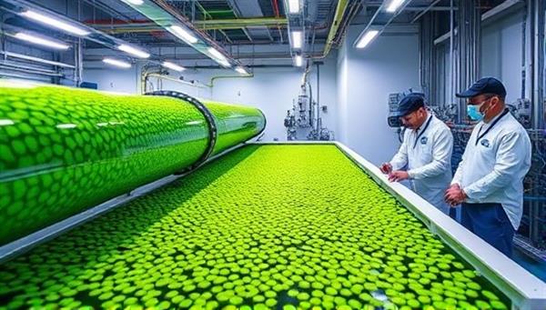 A state-of-the-art algae bioreactor facility producing vibrant green algae biomass for sustainable protein production, with technicians monitoring the growth process and quality control measures, highlighting the innovative technology and environmental benefits of algae cultivation.