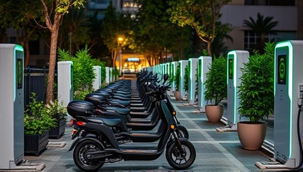 An urban charging station with rows of neatly parked electric scooters connected to charging docks, illuminated by soft LED lights and surrounded by green plants, showcasing a modern and eco-conscious charging environment.