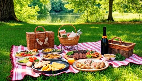 A picturesque outdoor setting with a beautifully laid picnic blanket adorned with an array of gourmet dishes, charcuterie selections, and a bottle of champagne, surrounded by lush greenery and a serene natural backdrop, inviting customers to indulge in a luxurious picnic experience.