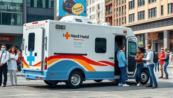An image of a fully equipped mobile medical unit parked in a bustling urban setting, with healthcare professionals conducting screenings and interacting with community members, showcasing accessibility and proactive healthcare services.