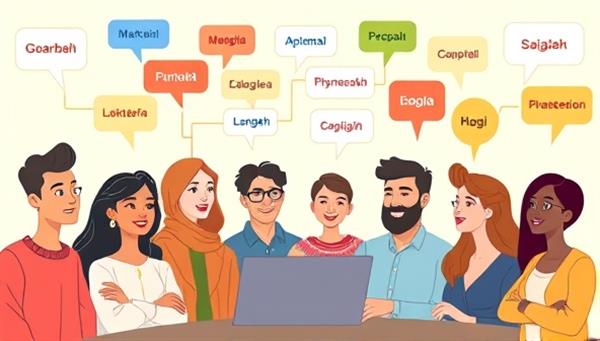 A diverse group of individuals from different cultures engaging in an animated online language exchange session, with speech bubbles in various languages floating around them, symbolizing global connectivity and cultural exchange.