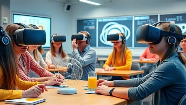 An engaging VR classroom scene with students wearing headsets, interacting with virtual objects and simulations, creating a futuristic and dynamic educational setting.