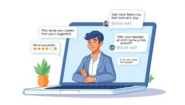 An illustration of a business owner interacting with a friendly AI chatbot on a laptop screen, with speech bubbles showing helpful responses and product suggestions, illustrating seamless customer engagement.