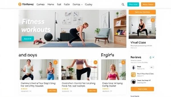An online fitness equipment rental platform showcasing a variety of workout gear and home gym essentials available for rent, with virtual workout class previews and user reviews displayed, illustrating the convenience and versatility of FitRent Home