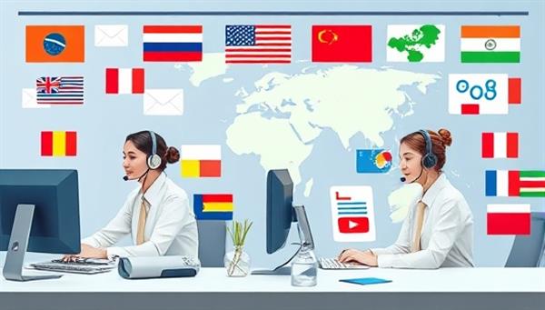 A multilingual customer support scene with representatives assisting clients in various languages via phone, chat, and email, with translation screens, headsets, and global flags symbolizing cross-cultural communication and language diversity in the telecommunications industry.