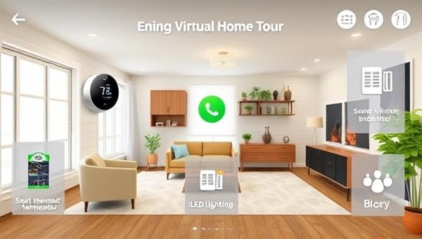 An inviting virtual home tour interface displaying energy-efficient features like smart thermostats, LED lighting, and solar panels, with interactive icons showing potential cost savings and environmental benefits, creating a visually appealing and informative experience for users.